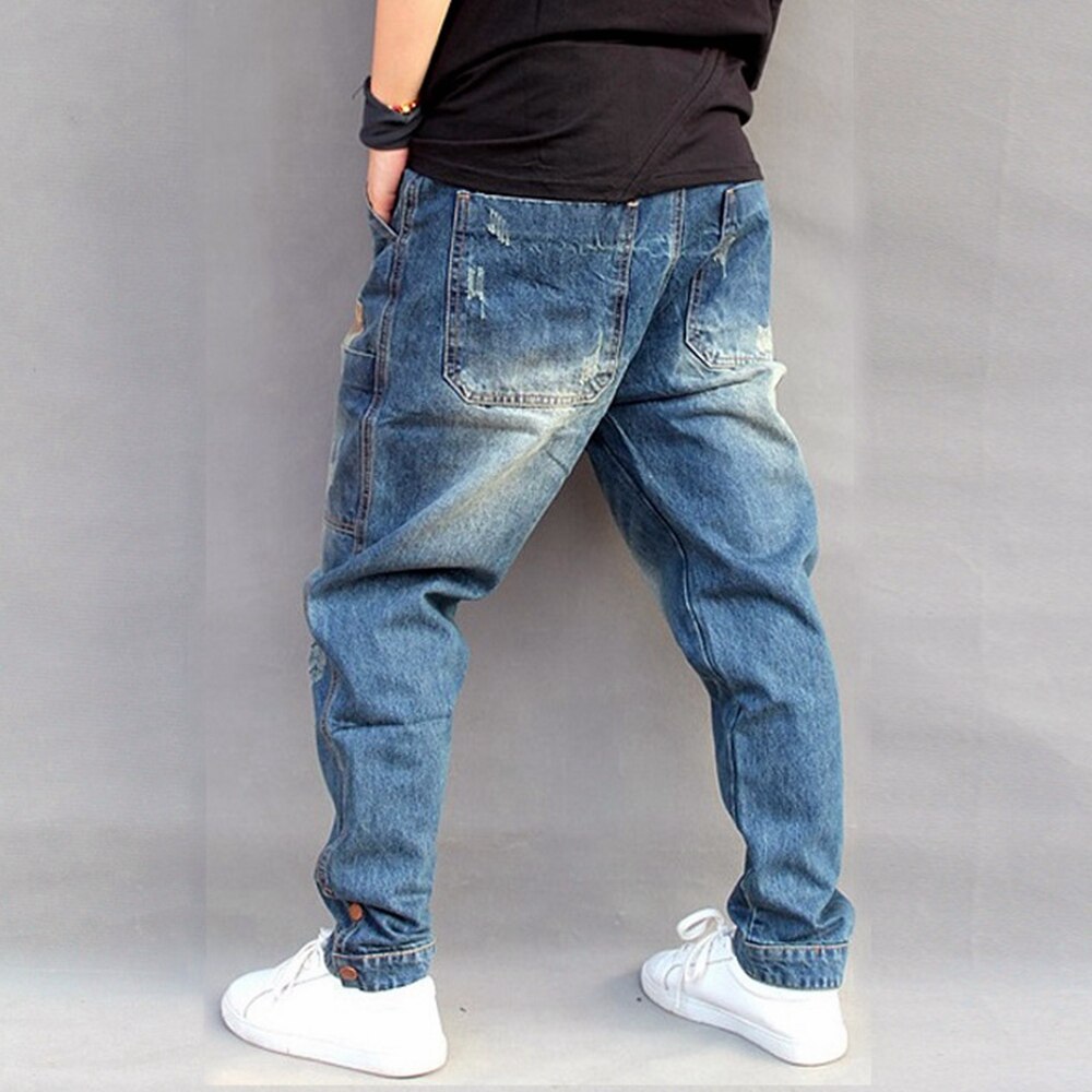 Lugentolo-pantalones vaqueros bombachos para hombre, de estilo Hip Hop, medio suelto, con cremallera, largo de talla grande bajo ajustado, Vaqueros rasgados para hombres