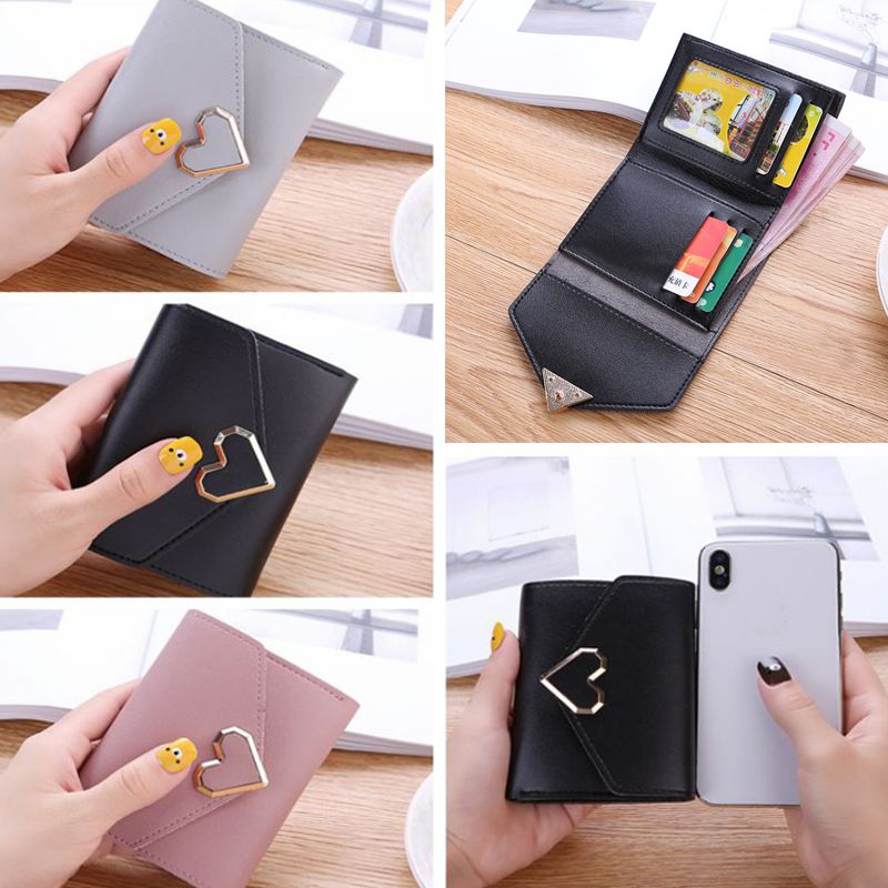 Women Wallets PU Leather Vintage Small Fresh Metal Heart-Shaped Lady Student Short Purse Women Small Simple Wallet