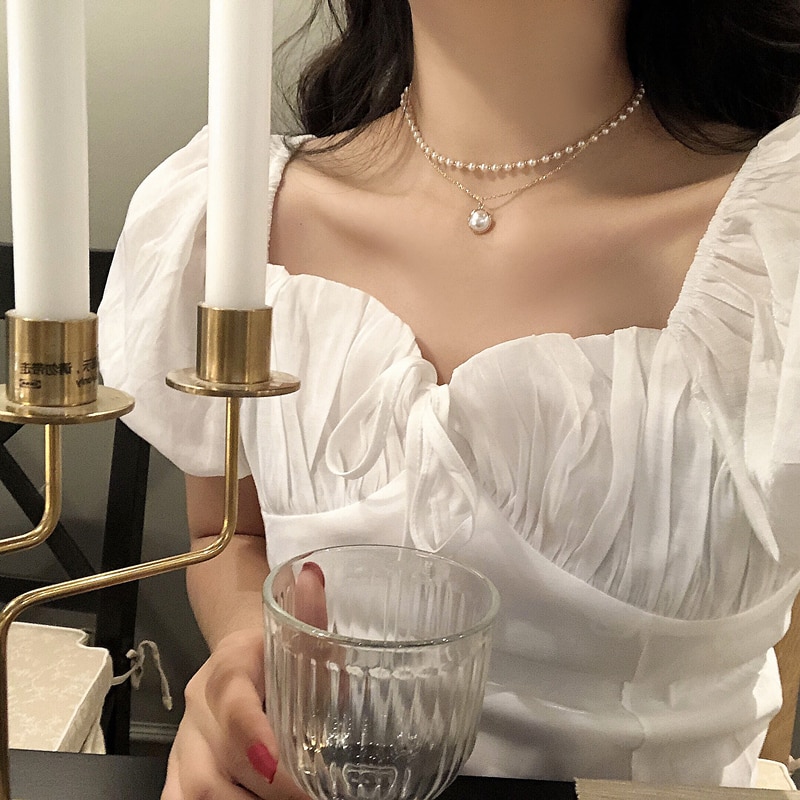 Kpop Perle Choker Halskette Frauen Nette Mädchen Gold farbe Doppel Schicht Kette Perle Anhänger Korean Schmuck Frau Kragen