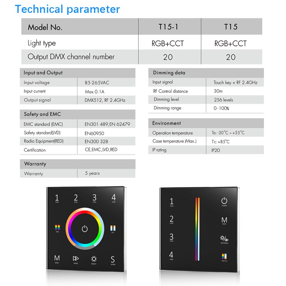 LED RGBCCT Strip Controller Wall Mount Touch Panel DMX master &amp;2.4GHz RF wireless 100V-240V 4 Zone RGBCCT led Controller