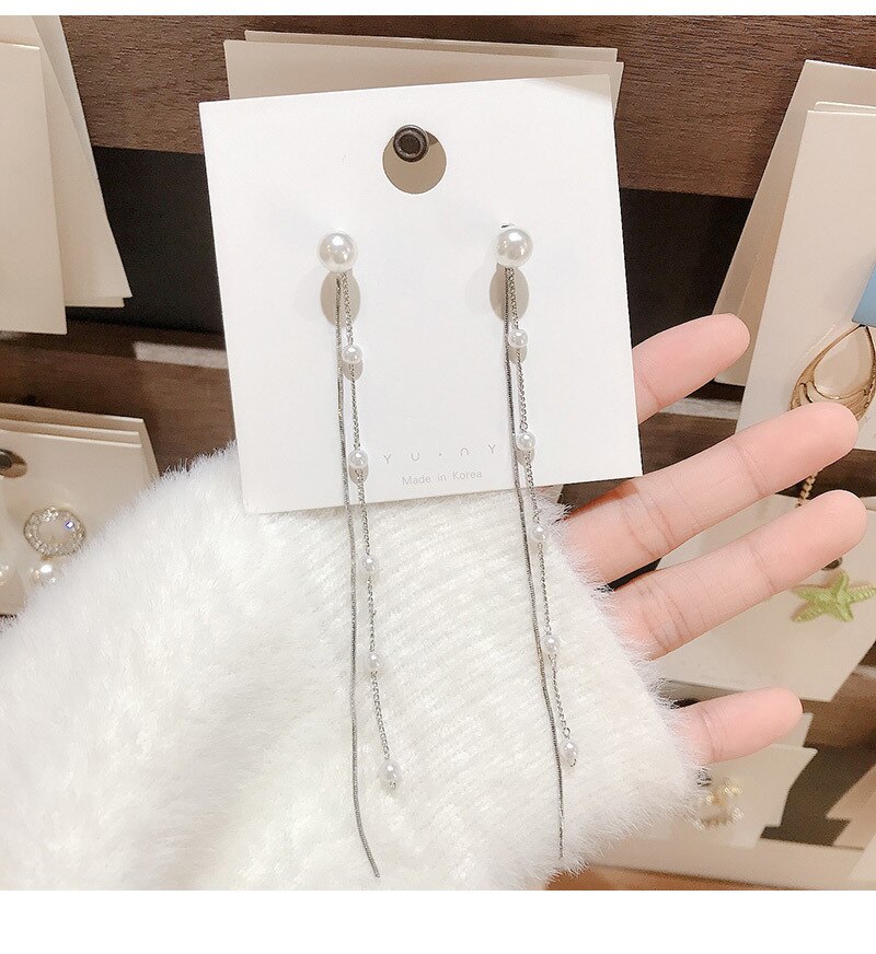 S925 Pin Stud Oorbellen Witte Parel Lange Fringe Oorbellen Modieuze Temperament Lange Oorbellen Voor Vrouwen Party