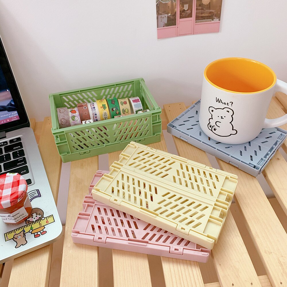Panier de rangement pour stylos, boîte de rangement en plastique pliable Macaron, organisateur de papeterie de bureau pour étudiants, panier de rangement de maquillage, porte-stylo