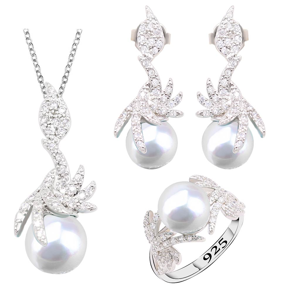 Zwarte Parel Zilveren Kleur Sieraden Sets Voor Vrouwen Oorbellen Ketting Hanger Ring: 7 / Imitation Rhodium Plated
