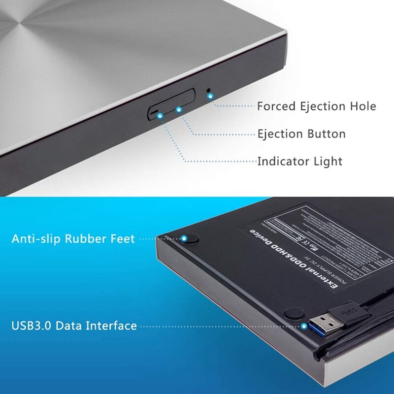 Ekstern cd dvd-drev usb 3.0 dvd-brænder cd-rom afspiller til bærbar mac win 10/8/7 /  xp pc (sølv)