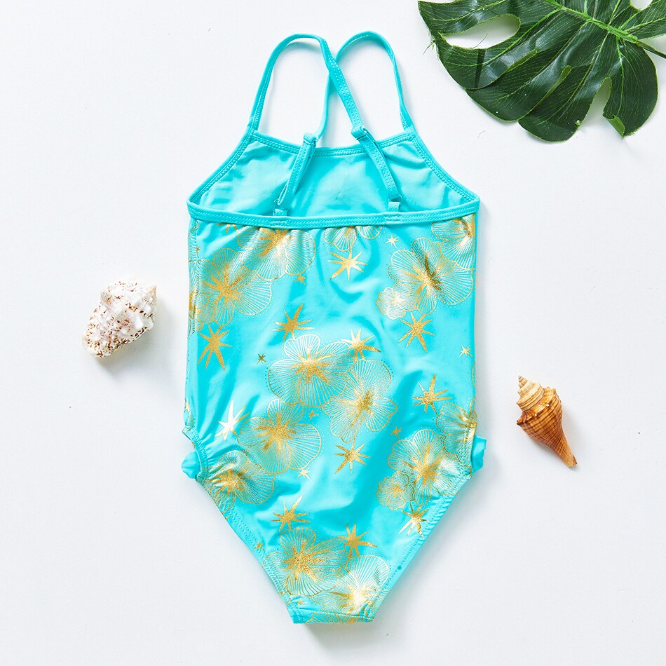 Bañador Floral dorado para niñas de 2 a 14 años, traje de baño para niñas de estilo veraniego con flores azules,