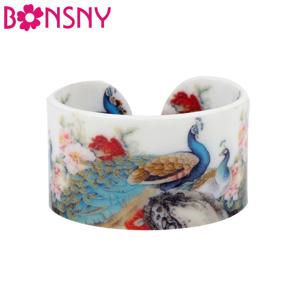 Bonsny Plastic Chinese Klassieke Pauw Schilderen Bangles Armbanden Vintage Craft Sieraden Voor Vrouwen Meisjes Dames