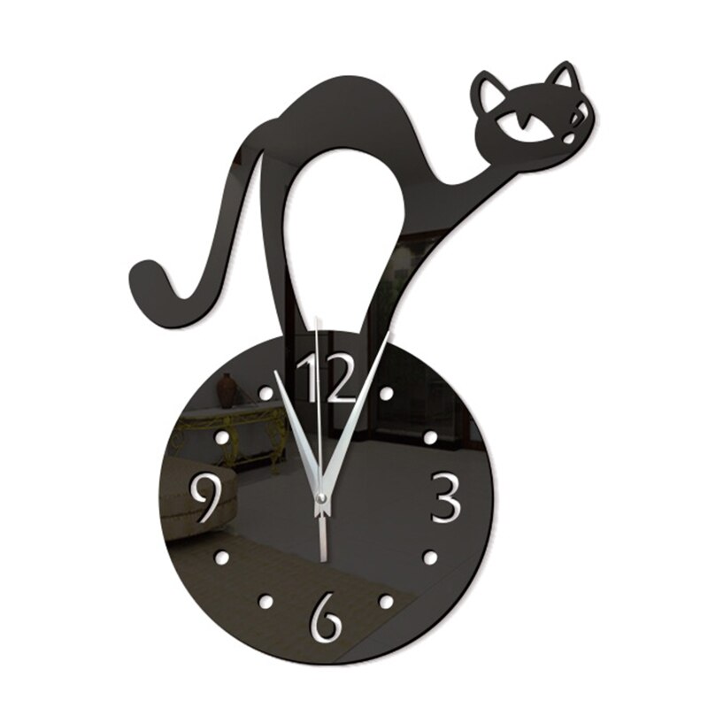 Acrylic Mirror Wall Clock Cartoon Animal Hanging Wall Sticker Clocks Crafts for Home Bedroom Living Room Decoration: Black