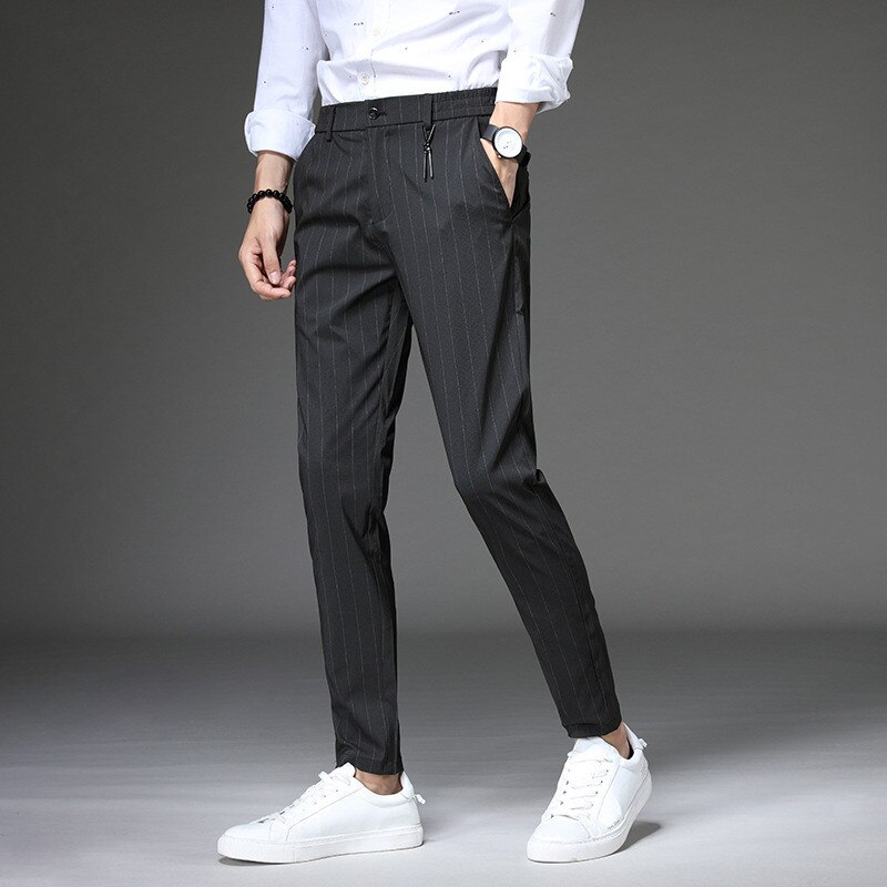 Herenbroeken gestreepte pantalon heren pantalon heren zakelijke broeken kantoor casual sociale broeken heren klassieke broeken: Zwart / 7xl