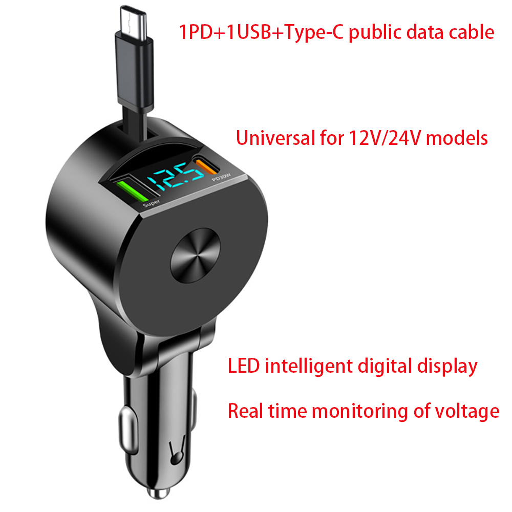 Autolader met spanningsdetectie, supersnel verstelbare 3-in-1 intrekbare telefoonoplader, USB QC3.0 Type C PD USB C snellader