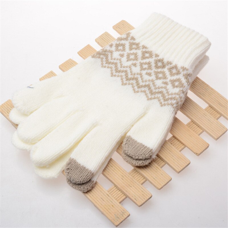 Vinter varme berøringsskærm handsker udstyret uldne vanter mænd kvinder cashmere geometriske crinkle handsker touch luvas: Hvid