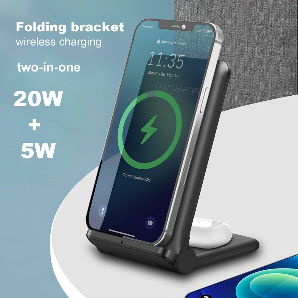 2 in 1 20W Fast Qi Wireless Charger Stand For Samsung S21 S20 S10 Foldable Charging Holder For iPhone 12 11 XR XS 8 Airpods Pro