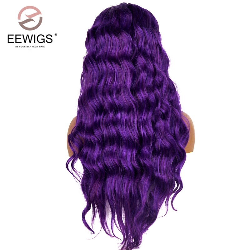 EEWIGS Glueless Dark Purple Long Wavy Synthetic Lace Front Wig With Natural Hairline 13x4 Heat Resistant Wigs For Black Women