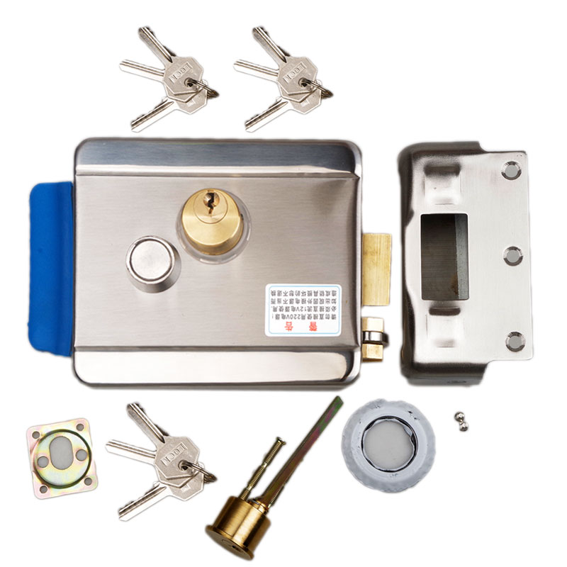 Electric Rim Lock Stainless Steel Electric mortise lock DC12V electromechanical Lock Gate Locks With Deadbolt: Left Open 9 Key