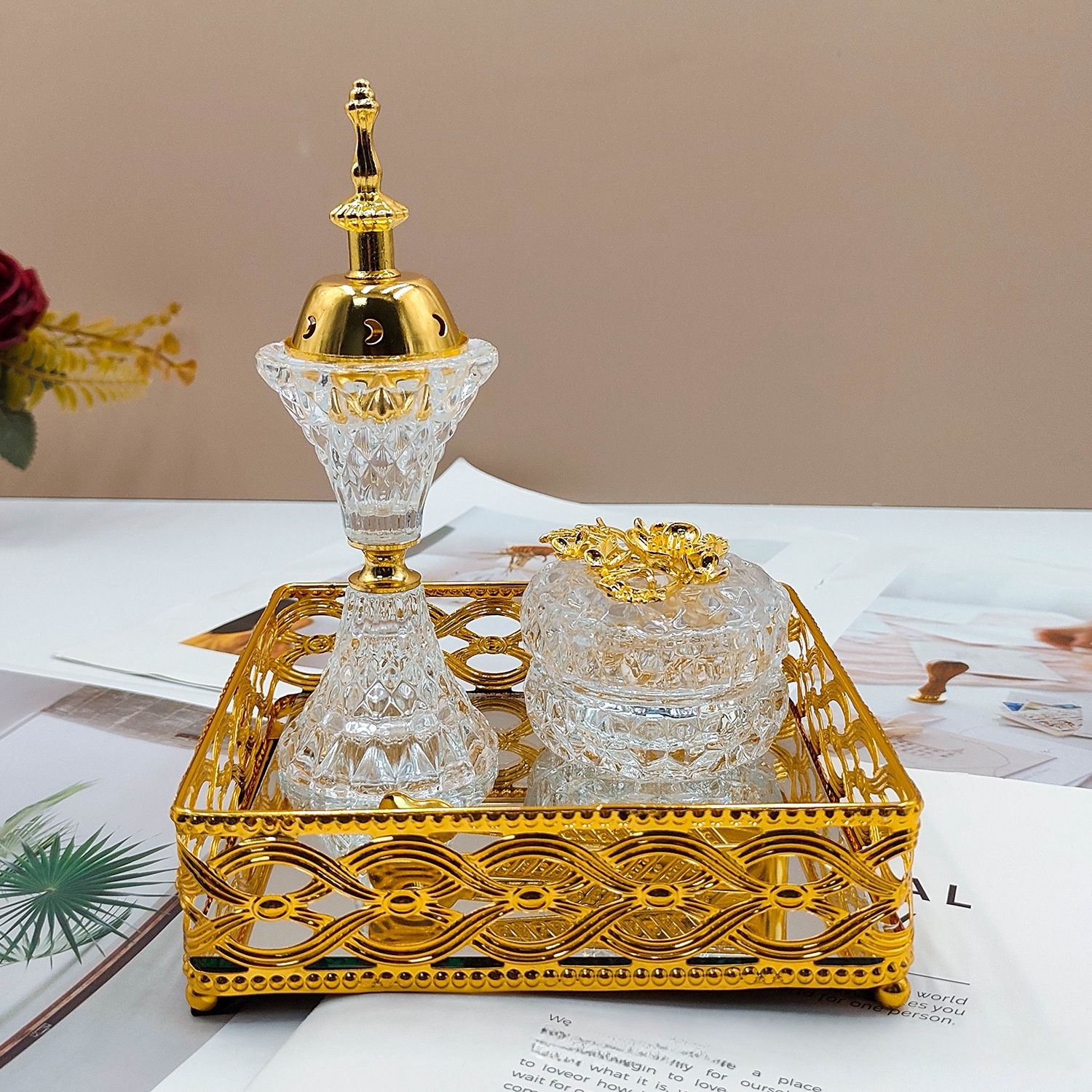 Arabic Crystal Incense Burner, Golden Square Tray Set, Living Room, Middle Eastern Ornament, Three-piece Set: Default Title