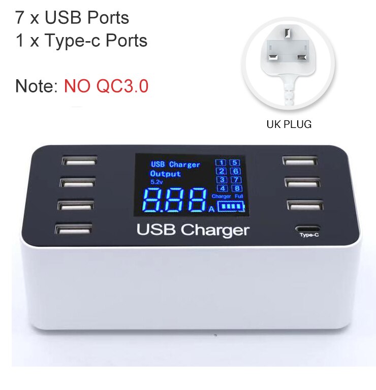 Goojodoq Quick Charge 3.0 40W 8-Port Usb Charger/Type C/Pd Charger Smart Led Display usb Snel Opladen Adapter Voor Telefoon Tablet
