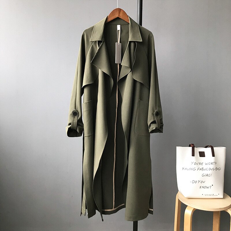 Casaco longo feminino com gola harajuku, trincheira verde do exército, primavera 2019: Verde do exército / L