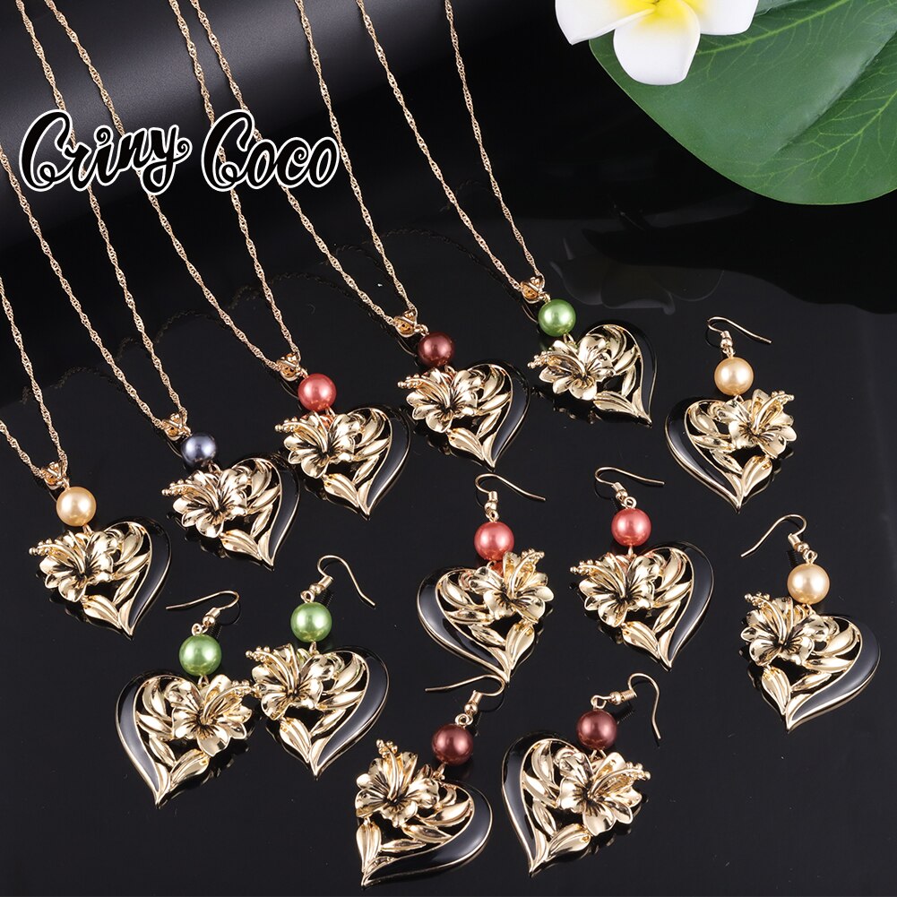 Cring Coco Herz Anhänger Halskette einstellen Hibiskus Blumen Ohrringe Halskette Trend hawaiisch Schmuck setzt für Frauen