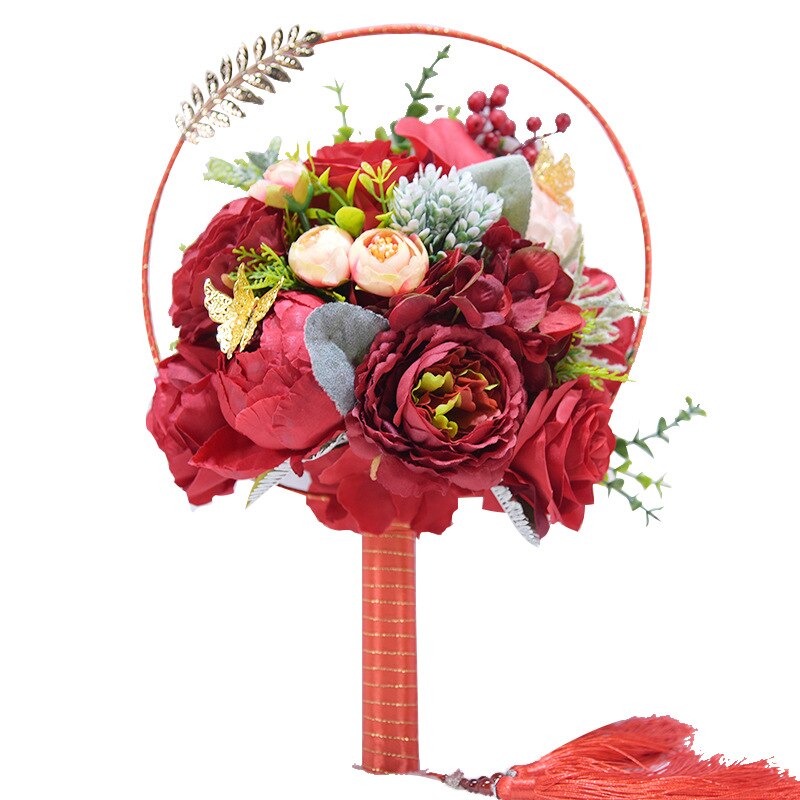 JaneVini Romantic Chinese Red/Pink Wedding Fan Bouquets Artificial Silk Roses with Metal Leaves Bridal Round Hand Fan Flowers