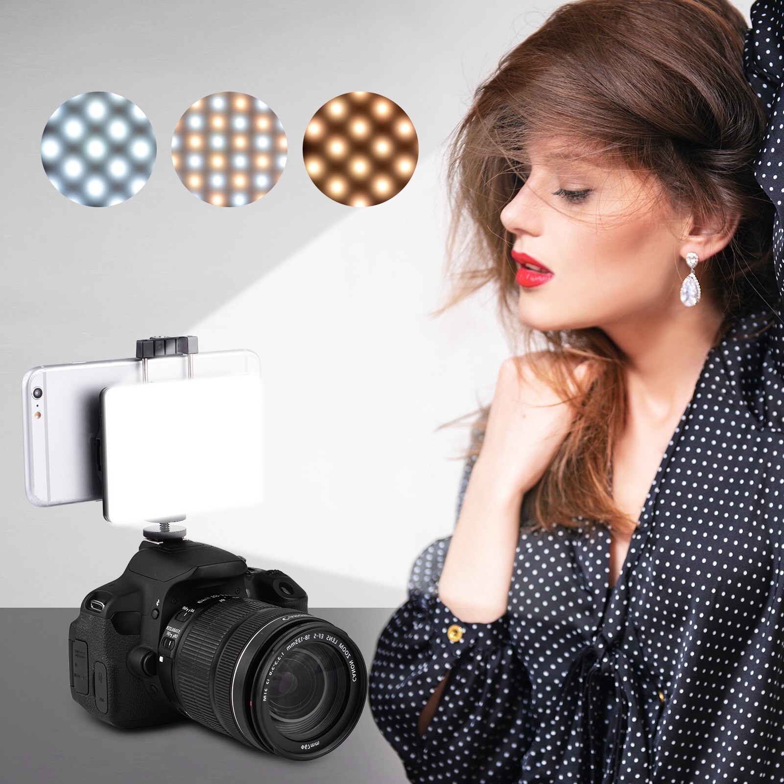 3-in-1 Clip-on Video LED Light 4W 3200K-5600K 3-color 10-Level Dimmable CRI95+ with Phone Holder Cold Shoe Mount for Video Vlog