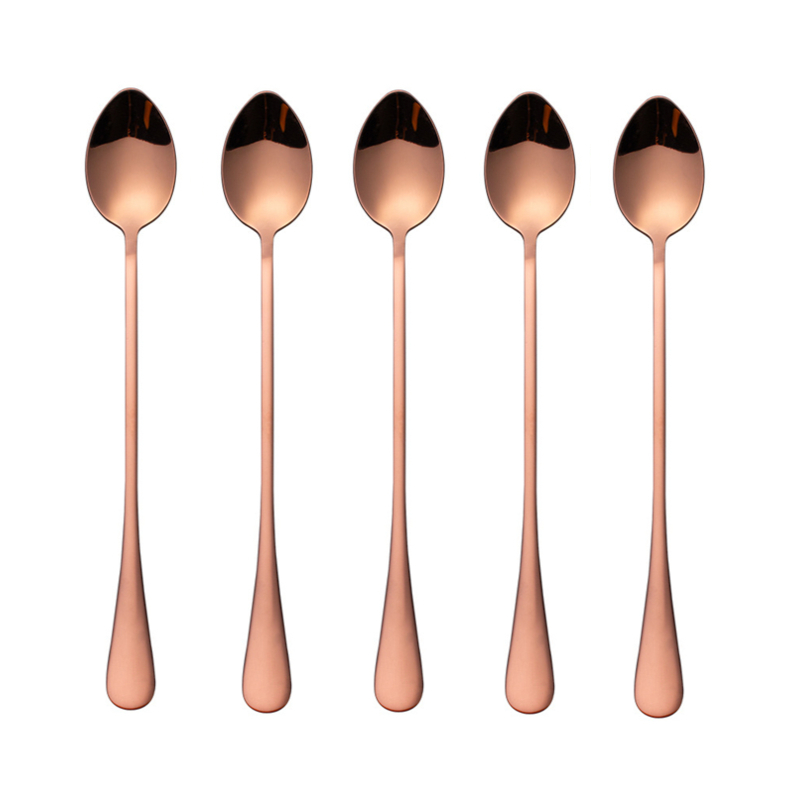 5Pcs Stainless Steel Coffee Spoon Juice Stirring Long Handle Tea Spoons Dessert Spoon Flatware Set Kitchen Drinking Cutlery Set: Rose 19cm