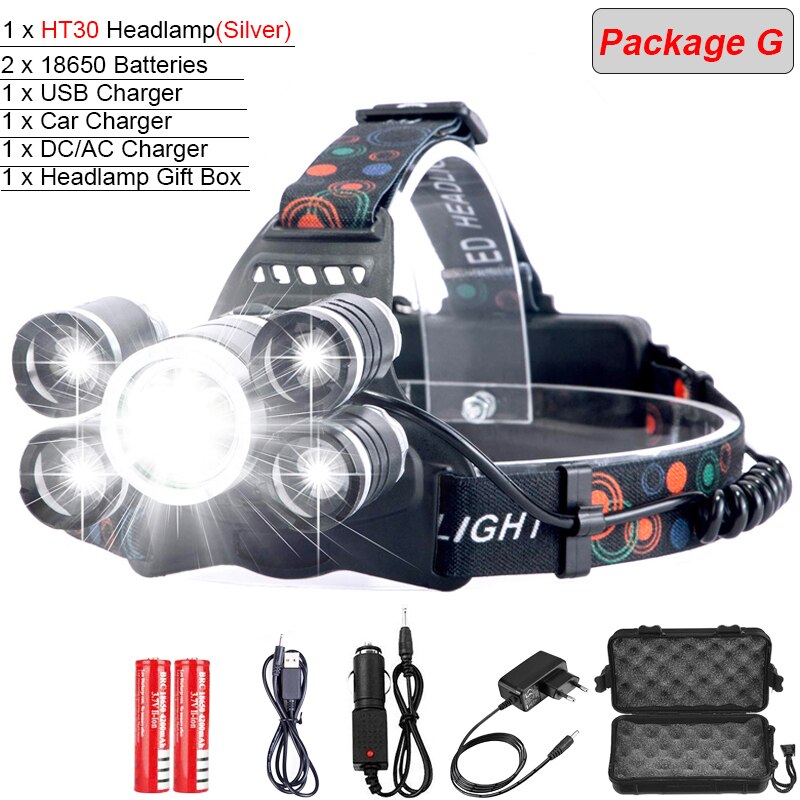 8000 Lumens 5 Led Headlamp XML T6 Head Lamp Powerful Led Headlight, with 18650 battery Flashlight Head Lights for Hiking: Package G