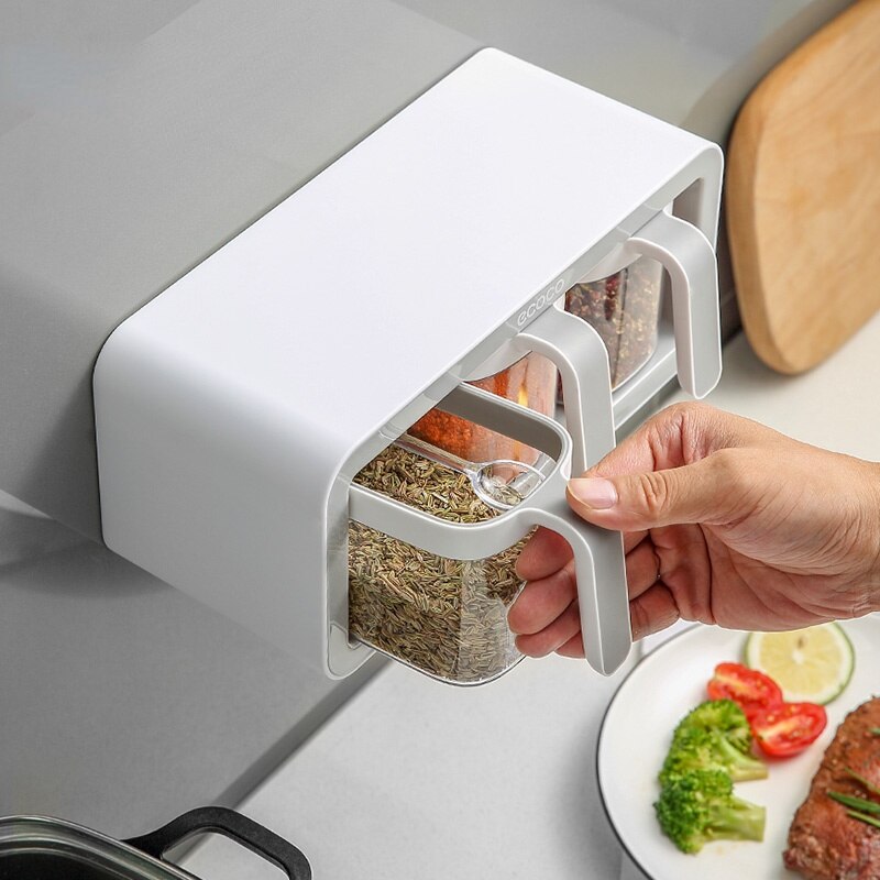 Kruiden Rek Muur Gemonteerde Opbergdoos Suikerpot Zout Shaker Kruiden Container Kruiden Doos Met Lepel Keuken Benodigdheden Set