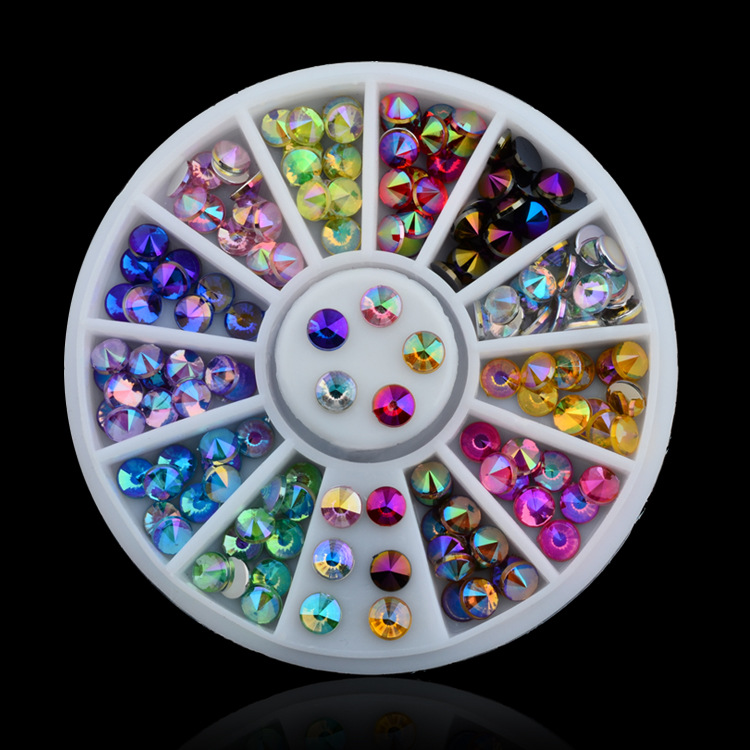 Heetste kleurrijke AB Glitter Puntige Top Acryl Strass in wiel decoratie voor nail art tool