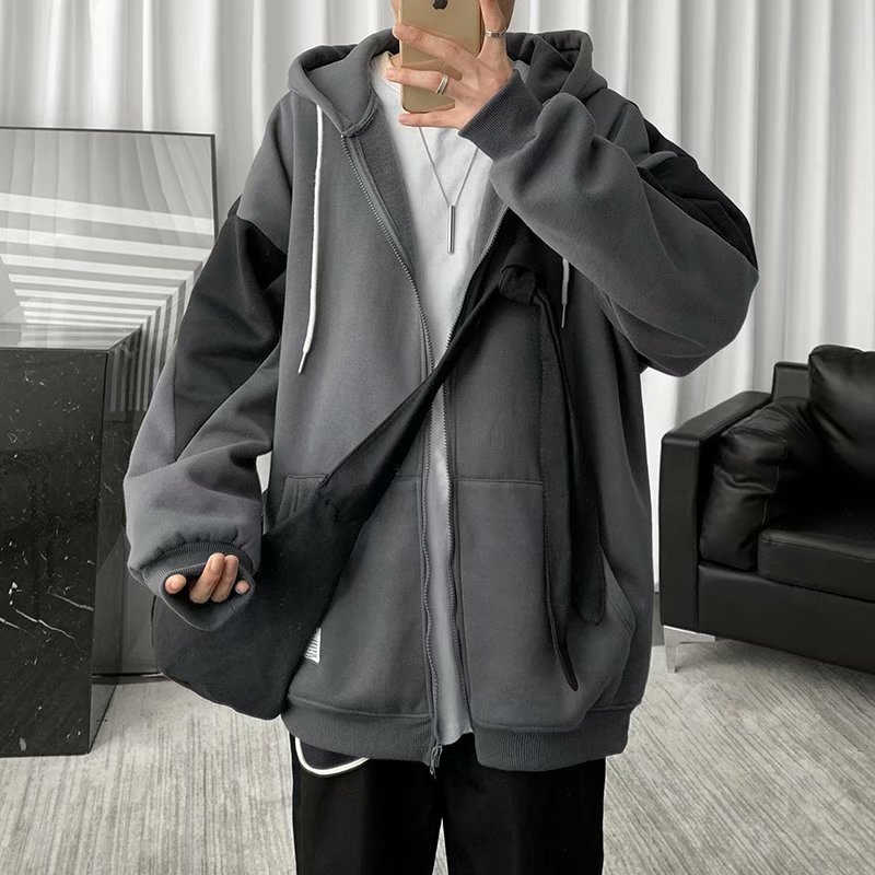 Hong Kong style ins cardigan thin sweater men's Korean style loose stitching top hip-hop casual hooded jacket men's trend