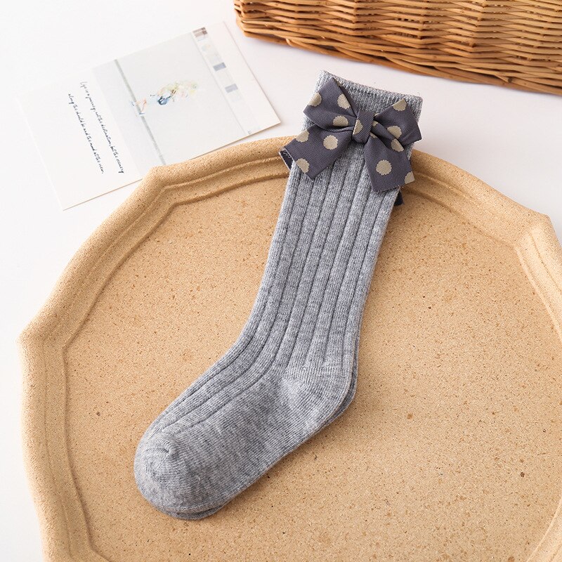 Lente Herfst Baby Sokken Warm Dot Bows Kids Meisje Kniehoge Sokken Effen Kleur Zachte Baby Peuter Lange Sokken: gray / 0-12M