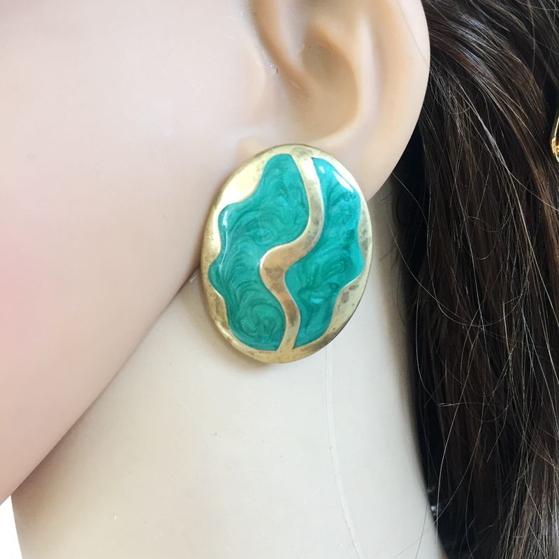 thumbnail image 2 of Vintage Style Green Enamel & Crystal Square Clip-On Earrings – Non-Pierced, Retro 2 of 6