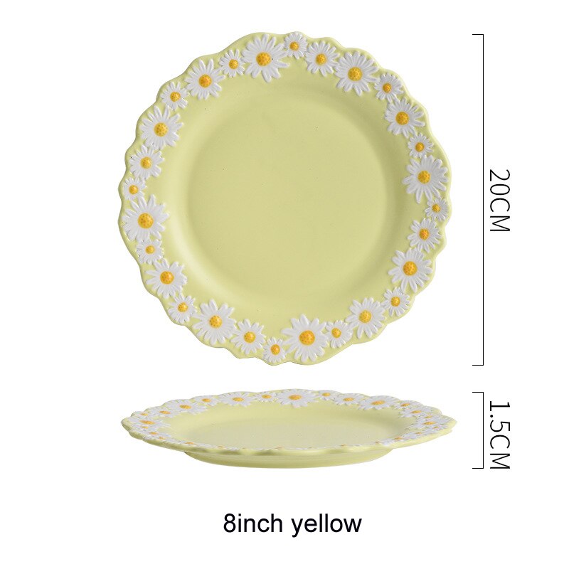 8/10inch Cute Small Daisy Flower Ceramic Dessert Plates Salad Bowl Tableware Dishes Dinner Food Steak SnackTray White Crockery: 8inch yellow plate