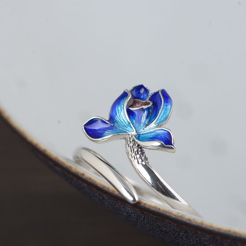 V.YA 925 Sterling Silver Lotus Anelli Aperti per le Donne Smaltatura Anello di Barretta Del Fiore di Modo Del Partito Dei Monili di Stile