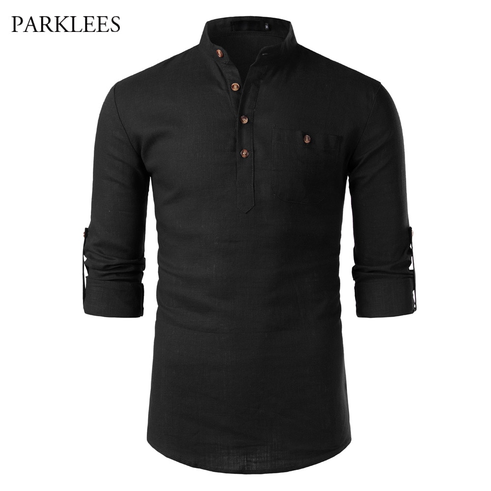 Effen katoenen linnen overhemd heren mandarijnkraag lange mouwen heren overhemden met zak casual zakelijk werk chemise homme