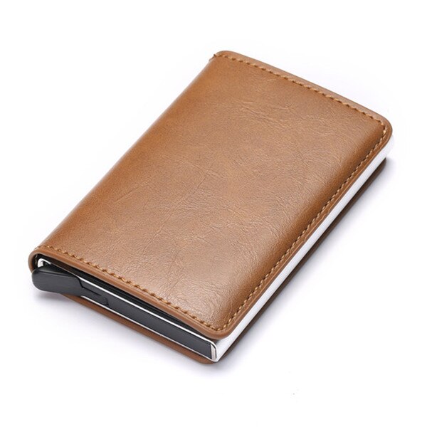 Zovyvol Business Credit Card Holder Men Women Metal RFID Vintage Aluminium Box Crazy Horse PU Leather Card Wallet Purses: Apricot X-12B