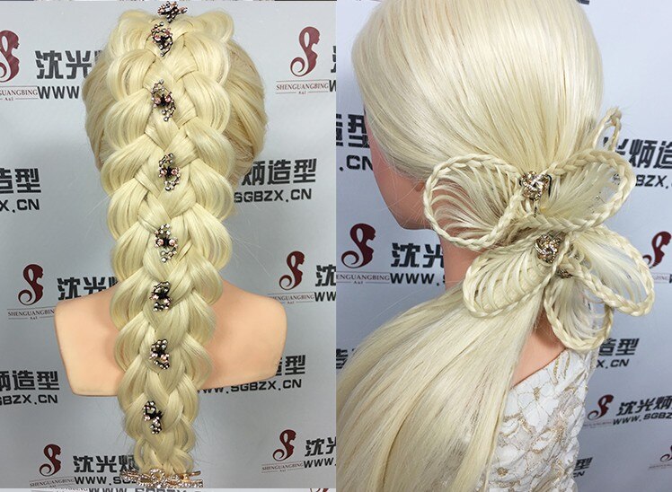 Grote stylingkop met blond haar, 65cm dikke haarpruikenkoppen voor kappersopleiding, mooi mannequinhoofd
