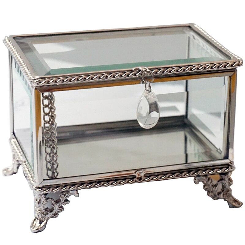 Caja de cristal de encaje galvanizado nórdico, expositor de joyas Retro, almacenamiento de joyas, decoración de escritorio para el hogar de plata
