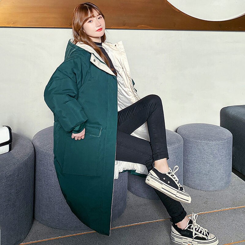 #39 vinterjakker x-lang vinterfrakk for kvinner hette korea-stil tykk solid stor lomme, løse parkas dame