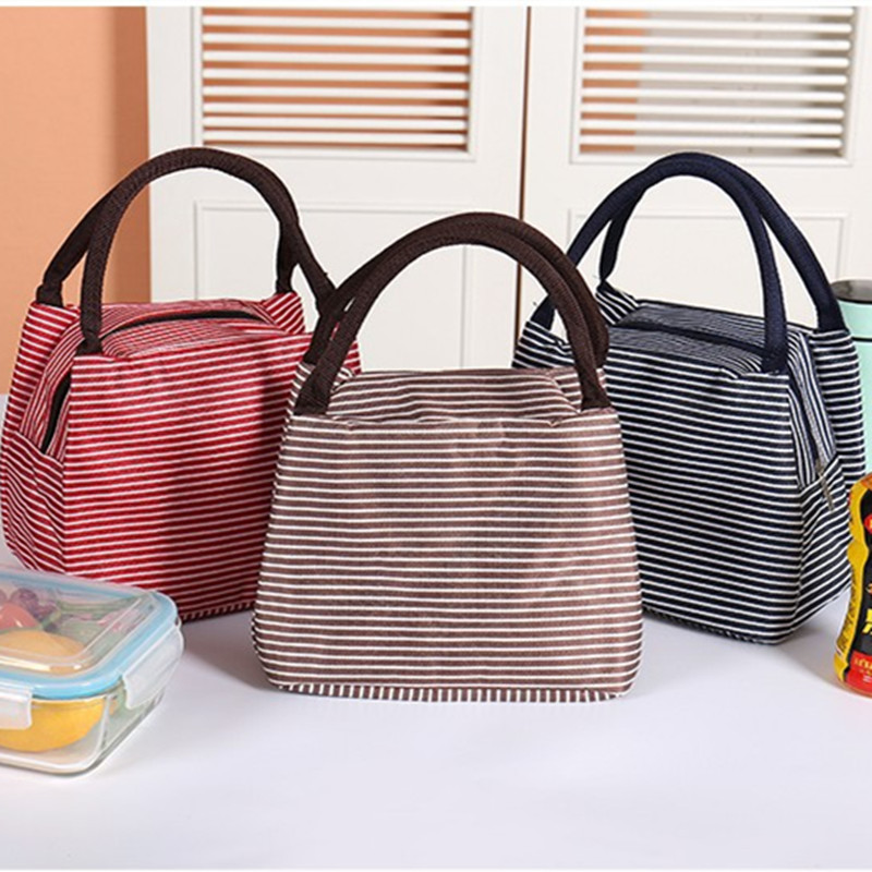 Leisure Women Portable Lunch Bag Canvas Stripe Insulated Cooler Bags Thermal Food Picnic Lunch Bags Box Kids Ice Pack Tote