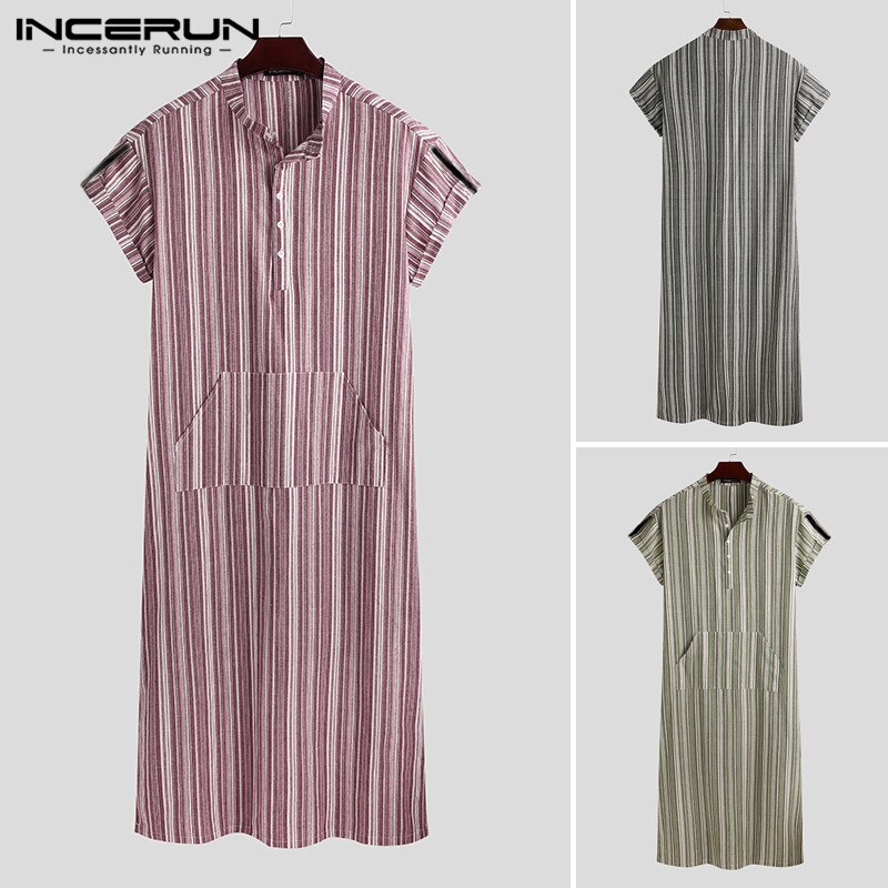 INCERUN Men Jubba Thobe Muslim Clothes Short Sleeve Striped Cotton Stand Collar Casual Robes Islamic Arabic Kaftan Abaya S-5XL