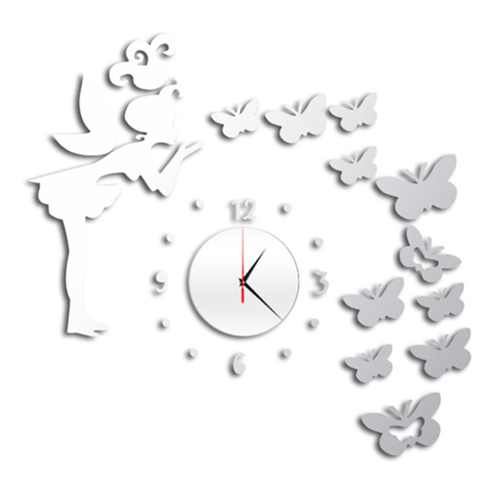 3d kunstspiegel vlinder fee muursticker klok sticker diy kinderkamer woondecoratie lxy 9: Zilver