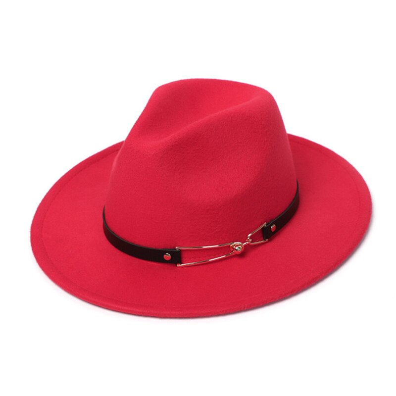 Kvinder hat metal spænde luksus fedora hatte mænd kvinder bred rand uld efterår vinter khaki beige fascinator filt hatte til mænd: Rød