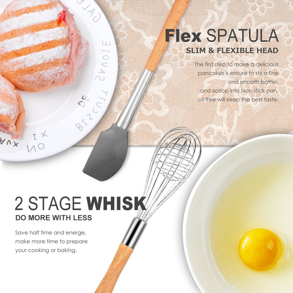 9/10Pcs Kitchen Set- Silicone Utensils Cooking Sets Non-stick Kitchenware Spatula with Wooden Handle Kitchen Tools Accessories