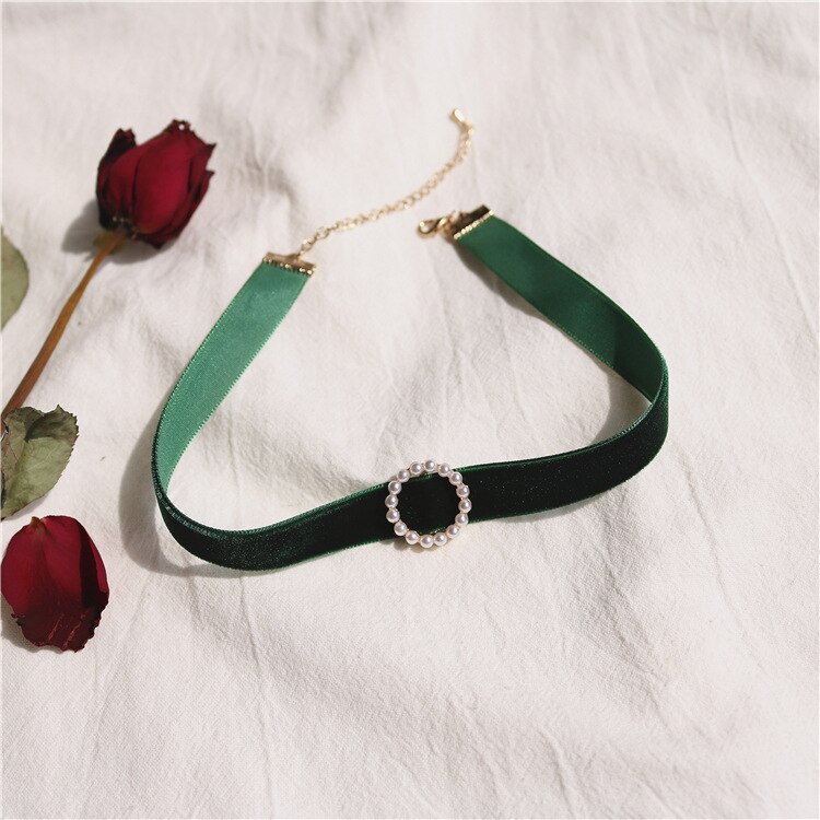 Vintage Pearl Velvet Chokers naszyjniki dla kobiet dziewczyn śliczne Retro geometryczne serce kołnierz naszyjnik biżuteria sztuczna hurtownia prezent: N0458 Green Round