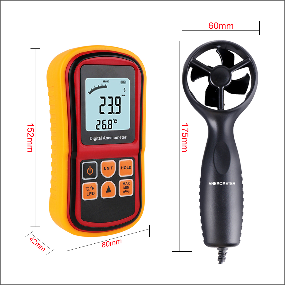 RZ Anemometer Wind Speed Meter Digital Wind Meter Handheld Digital Air Velocity Range 0.18-45m/s Wind Speedometer Sensor