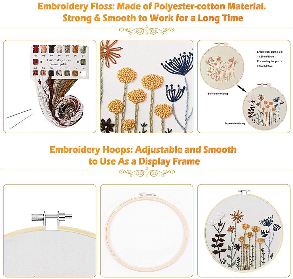 2pcs Beginner Embroidery Kit Fabric DIY Simple Flower Embroidery Set With Embroidery Hoop for Starter DIY