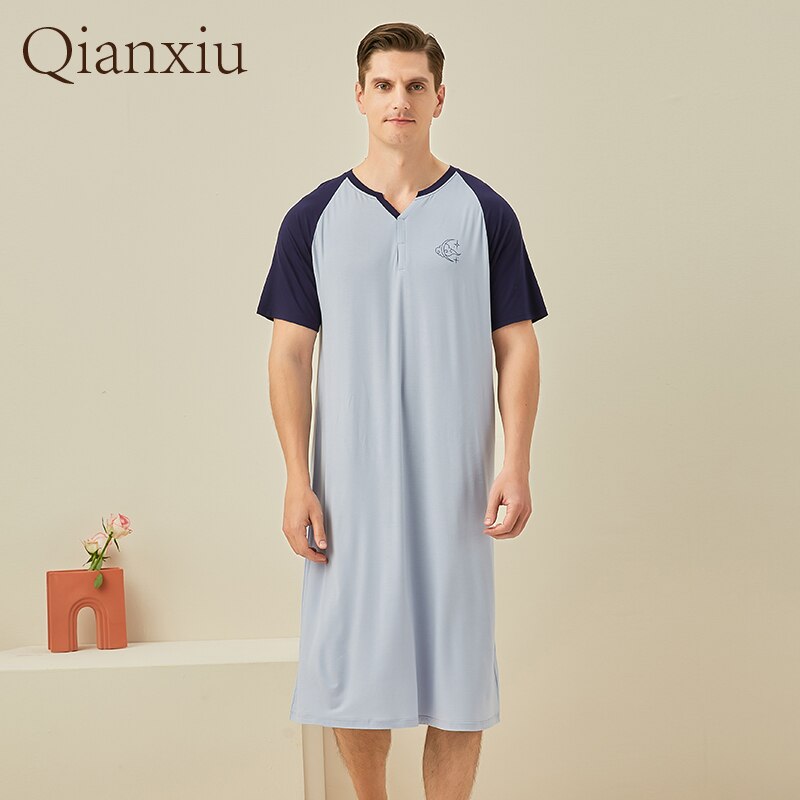 Summer Bamboo Fiber Home Sleepskirt Comfy Loose Men Sleepskirt 212121: Light blue / XL