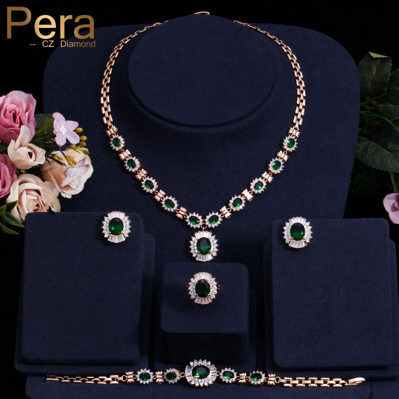 Pera 4 Stuk Sets Grote Zirconia Vrouwen Goud Kleur Ronde Groene Steen Afrikaanse Dubai Bruiloft Sieraden Sets j087