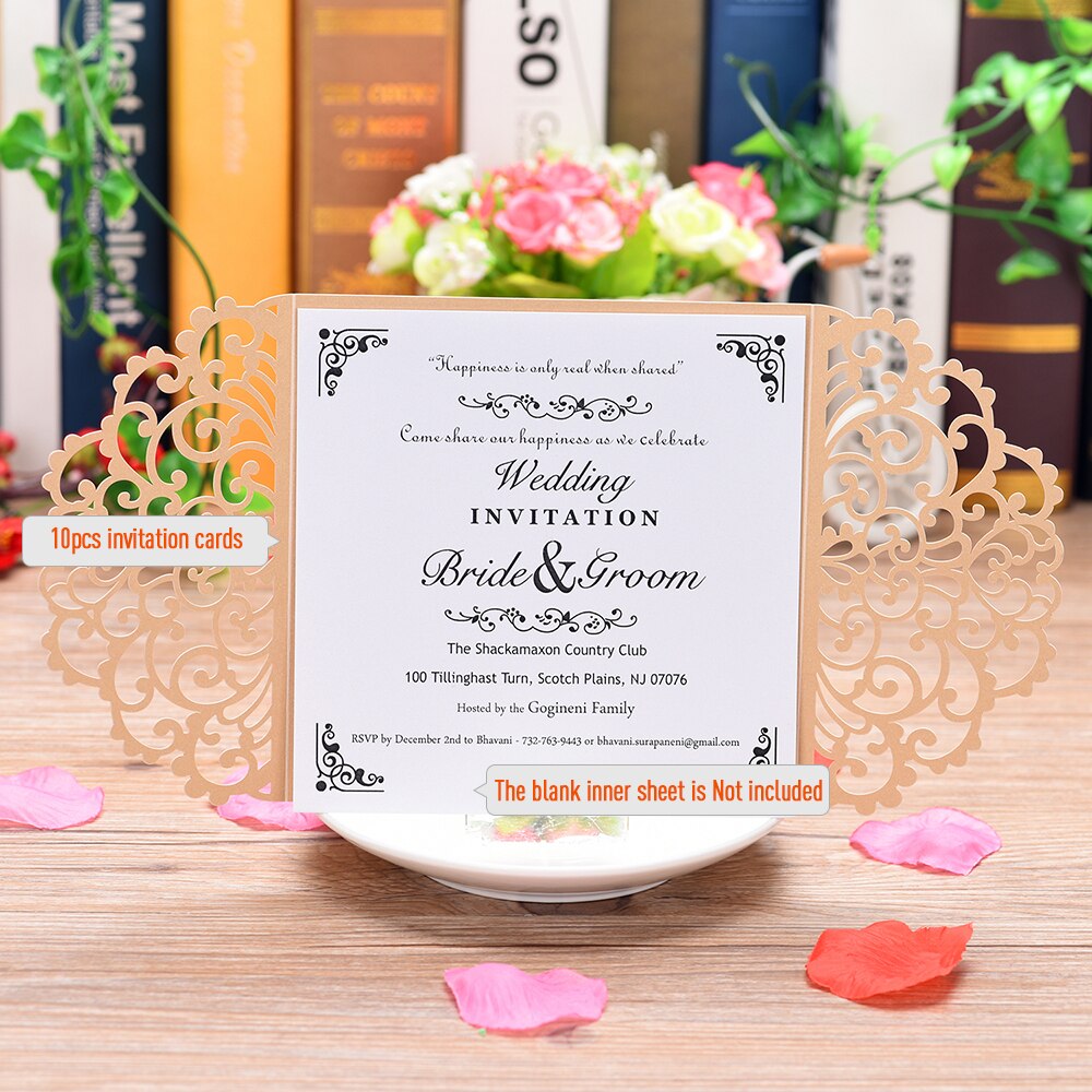 10Pcs Pearl Paper Invitation Cards Delicate Carved Floral Pattern Invitation Cards For Wedding Engagement Bridal Shower: Gold no inner sheet