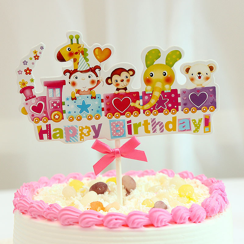 Rainbow Happy Birthday Cake Topper Flags Train With Bowtie Cartoon Animals For Birthday wedding Party Cake Baking Decor: Deep Sapphire