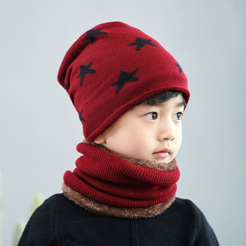Kind Winter Muts Sjaal Set Jongen Meisjes Warme Pluche Mutsen Hat 2 Stuk Sets Kid Geometrie Print Mode Outdoor ski Cap Sjaals: Dark Red
